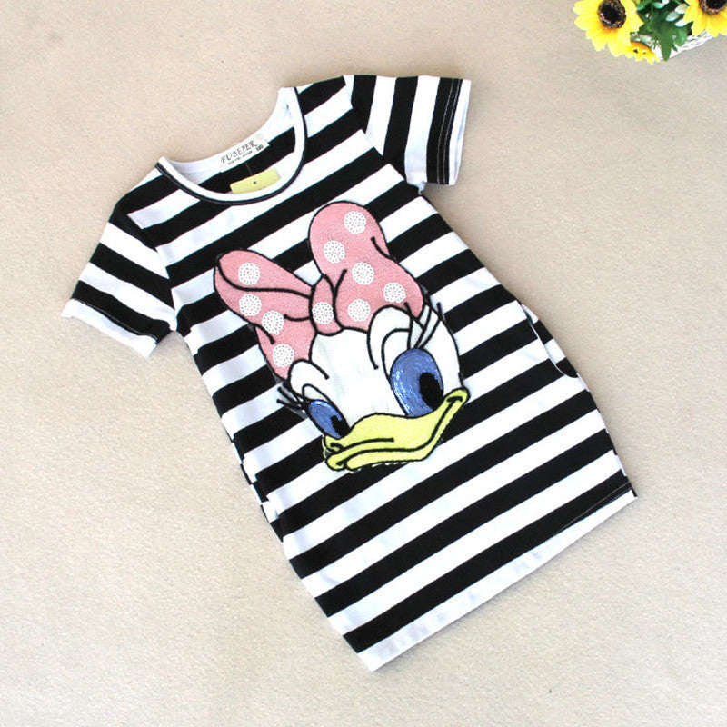 2016 latest summer girls striped dress children cartoon Donald Duck, the two sides in my pocket dress 2-7 years A122