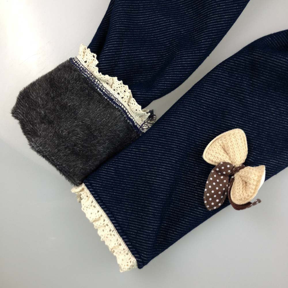 2016 Autumn Winter girls bow jeans cotton children cashmere pants kids warm elastic waist legging Baby Trousers Jeggings