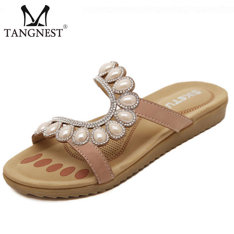2016 New Women Sandals Rhinestone Women Summer Leisure Sandals Apricot &Blue Slip On Flip FLops Shoes Woman Size 35~41 XWZ1757