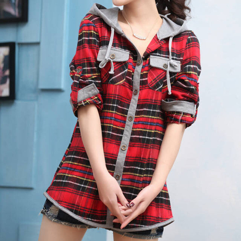 2016 Spring Autumn Fashion Long Sleeved Casual Hoodies Slim OL Plaid Blouses Shirts For Women Sports Suit Sweatshirts
