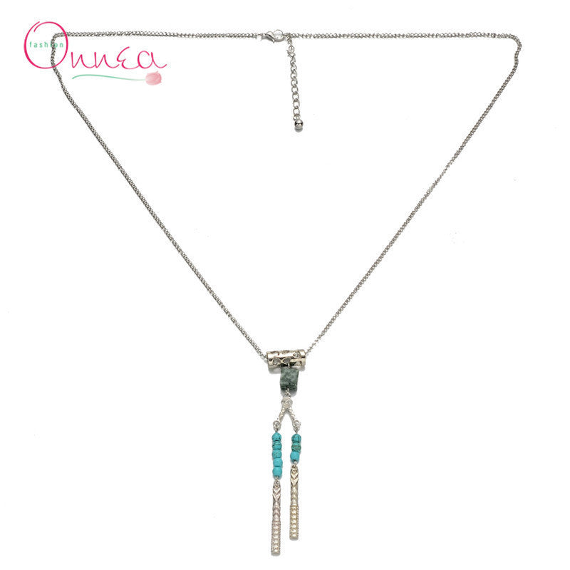 New Summer Style Bohemian Long Turquoise Tassle Pendant Necklace 18K Gold &Silver for Women