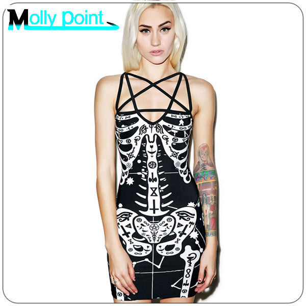 2016 Rock And Roll Dress Holloween Bandage Black Spaghetti Strap Rock Punk Dress Party Dresses Vestido