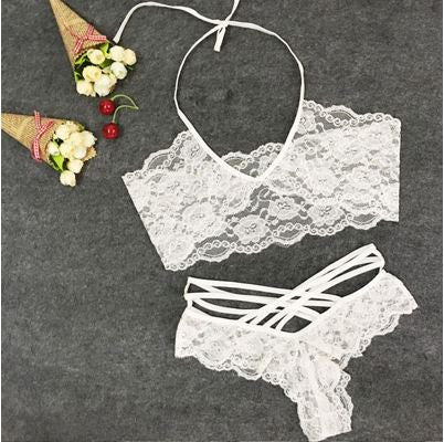 New Brandy Melville Summer Lace Crop Top Halter Mesh See Through Bra Set