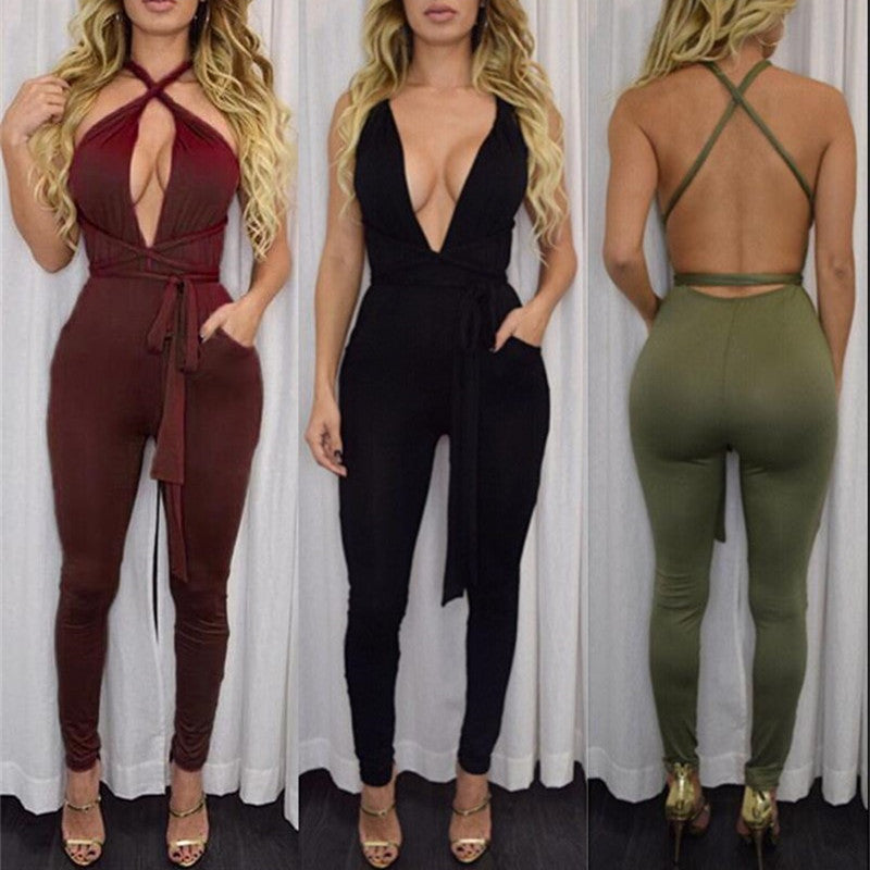 Women New Fashion Pocket Rompers and Jumpsuit Womens Sexy Sleeveless Playsuit Bodysuits Elegant Bandage Jumpsuits