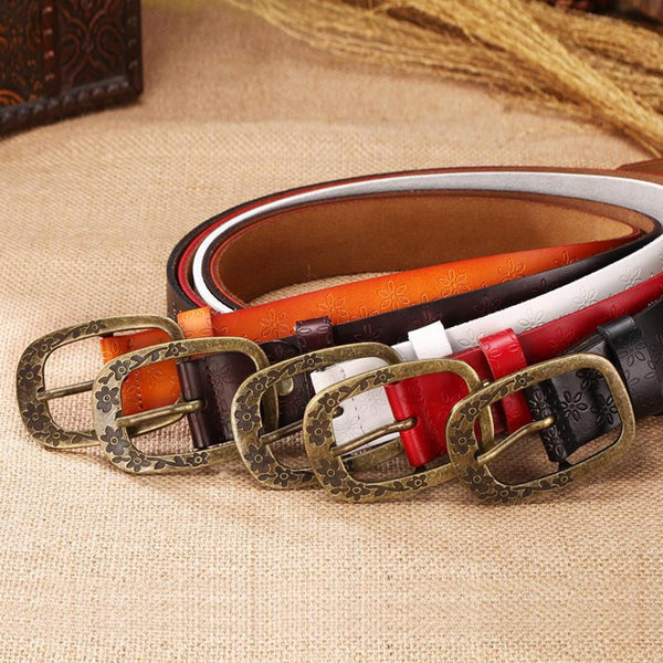 New Vintage Leather Belt Woman Genuine Cow Skin Fashion Floral Curved Buckle Belts