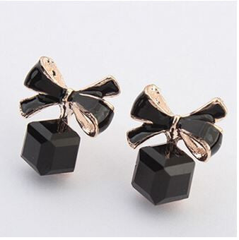 Blue Kiss The Fashion 2016 Chic Shimmer Plated Gold Bow Cubic Crystal Earrings