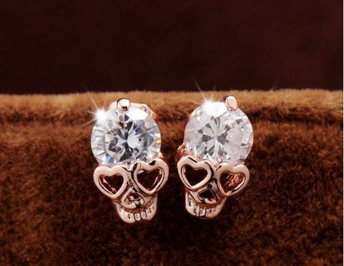 Vintage Stud Earrings CZ Diamond 18K Gold Plated Skull Stud Earrings