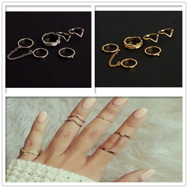 Shiny Punk style Crystal Gold plated Charm Leaf Ring Set for women