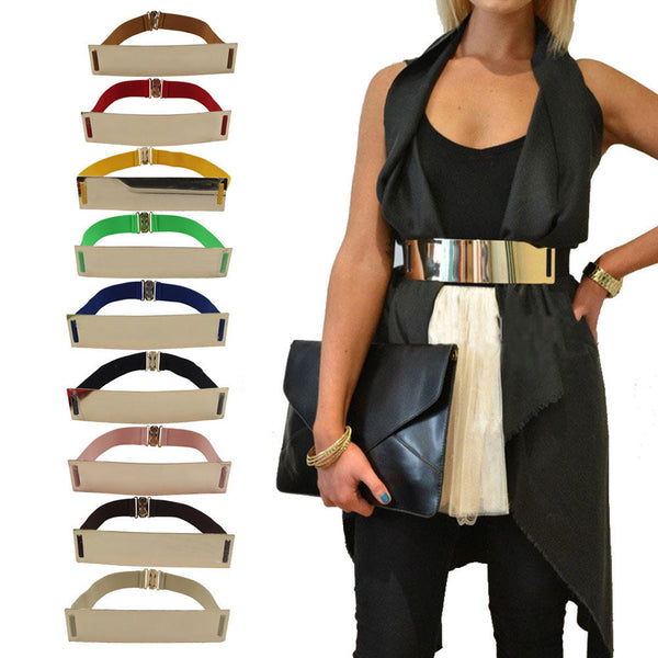 Elastic Mirror Golden Metal Waist Belt Wide Band For Women