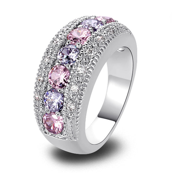 lingmei Exquisite Women Jewelry Round Pink & White Sapphire 925 Silver Band Ring