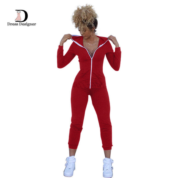 Casual Women One Piece Outfits Jumpsuits Long Sleeve Bodycon Front Zipper Hooded Long Pants Sexy Black/Red Rompers Playsuit
