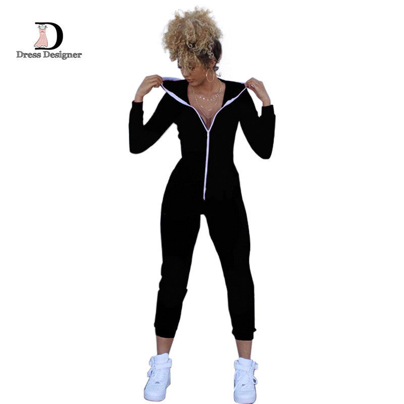 Casual Women One Piece Outfits Jumpsuits Long Sleeve Bodycon Front Zipper Hooded Long Pants Sexy Black/Red Rompers Playsuit