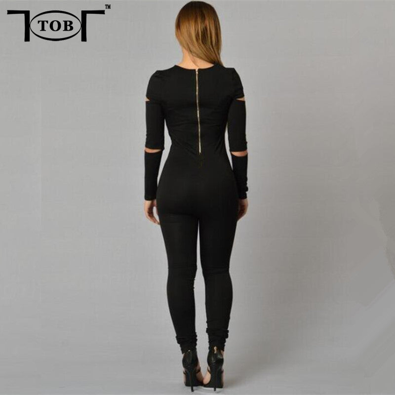Rompers Women Jumpsuit Plus Size Solid Black Bodysuits Long Sleeve Skinny Bodycon Zipper Jumpsuits