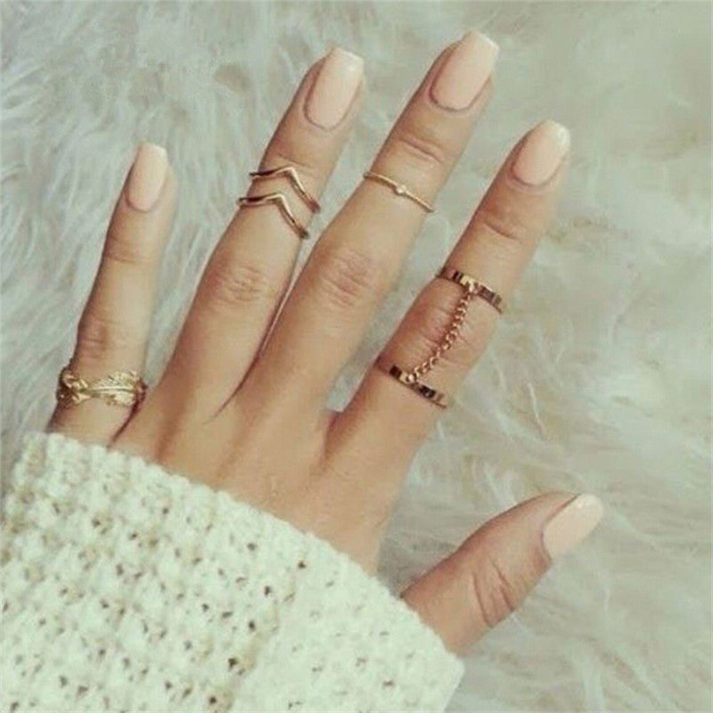 Shiny Punk style Crystal Gold plated Charm Leaf Ring Set for women
