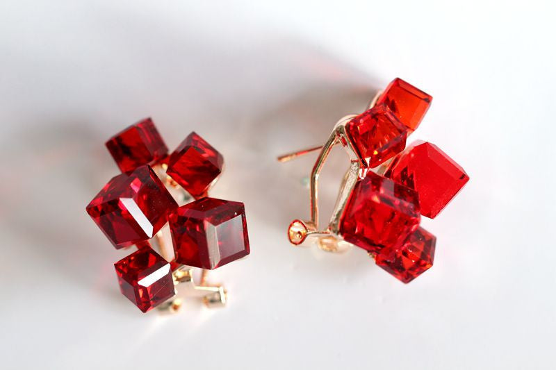 Fashion Geometric Cubic Zircon Crystal Earrings Red Stone Ruby Jewelry