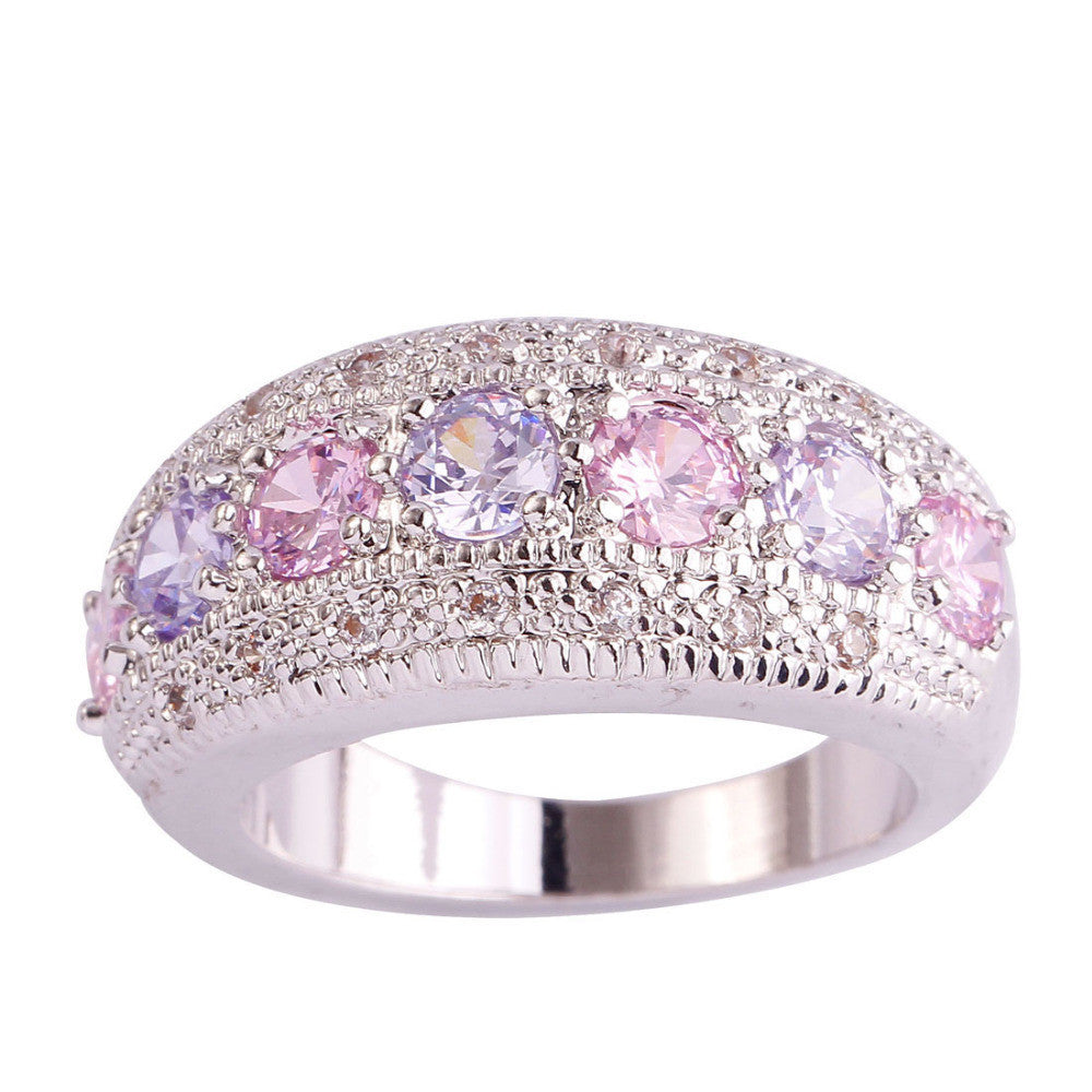 lingmei Exquisite Women Jewelry Round Pink & White Sapphire 925 Silver Band Ring