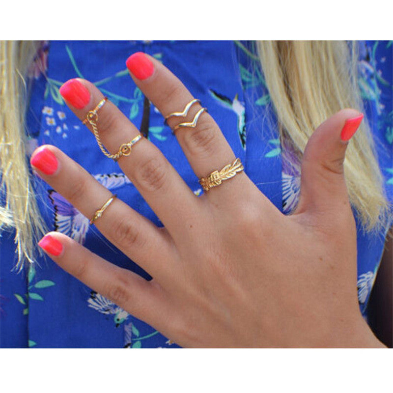 Shiny Punk style Crystal Gold plated Charm Leaf Ring Set for women