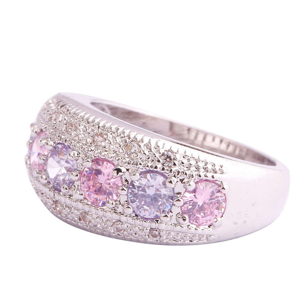 lingmei Exquisite Women Jewelry Round Pink & White Sapphire 925 Silver Band Ring