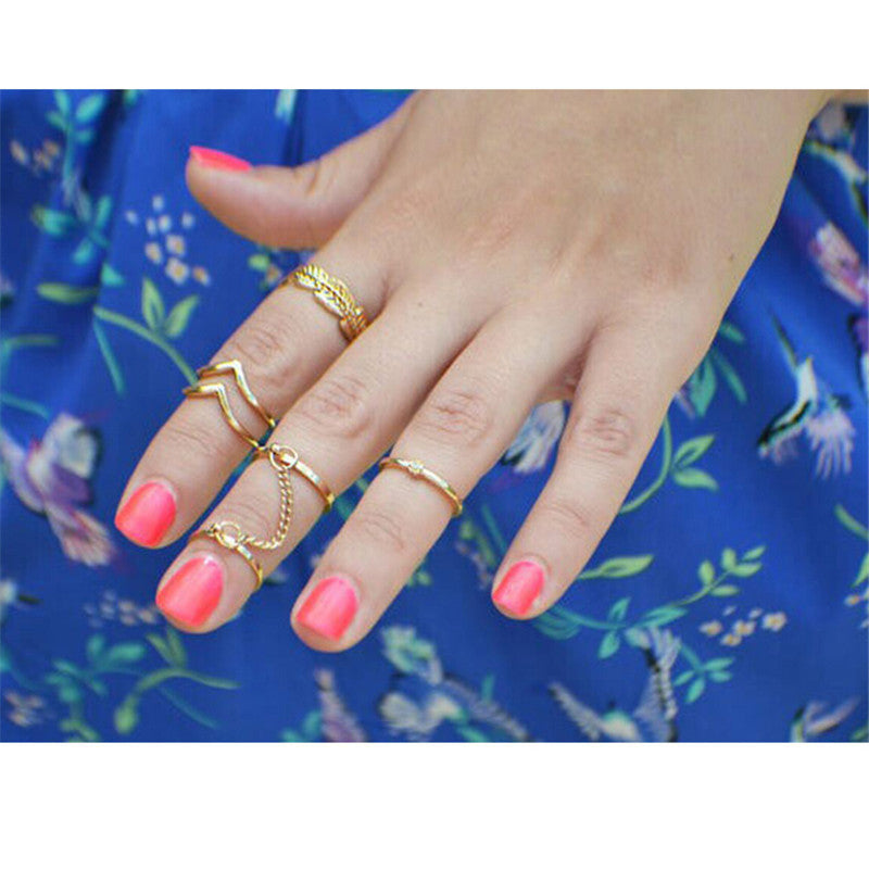 Shiny Punk style Crystal Gold plated Charm Leaf Ring Set for women