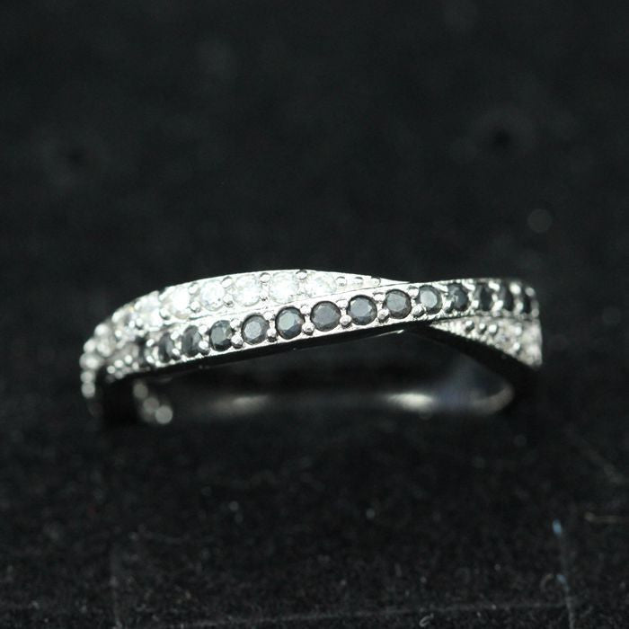 CZ Diamond Silver Plated Black White Crystal Ring