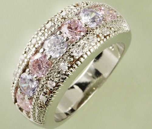 lingmei Exquisite Women Jewelry Round Pink & White Sapphire 925 Silver Band Ring