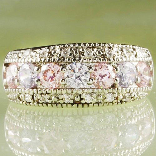 lingmei Exquisite Women Jewelry Round Pink & White Sapphire 925 Silver Band Ring