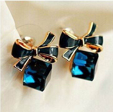 Blue Kiss The Fashion 2016 Chic Shimmer Plated Gold Bow Cubic Crystal Earrings