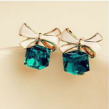 Blue Kiss The Fashion 2016 Chic Shimmer Plated Gold Bow Cubic Crystal Earrings