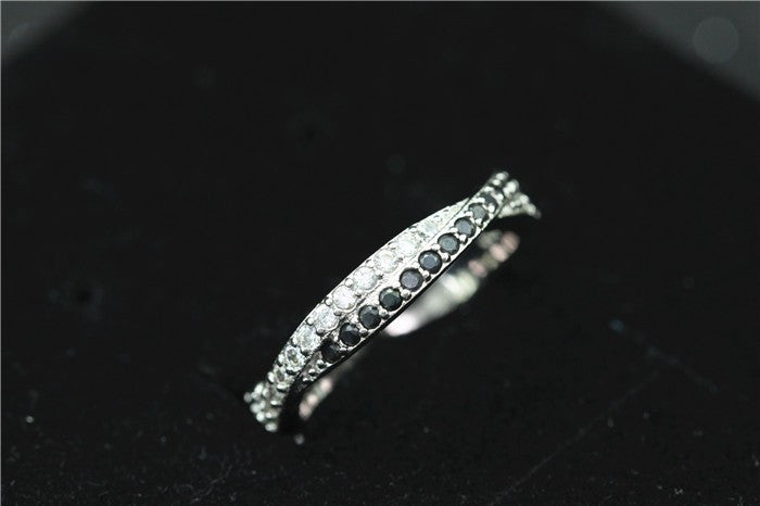 CZ Diamond Silver Plated Black White Crystal Ring