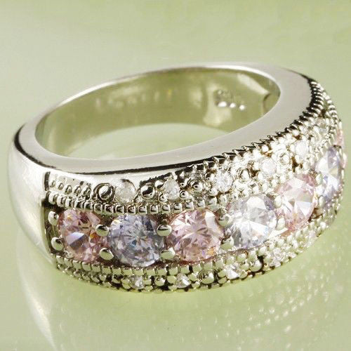 lingmei Exquisite Women Jewelry Round Pink & White Sapphire 925 Silver Band Ring
