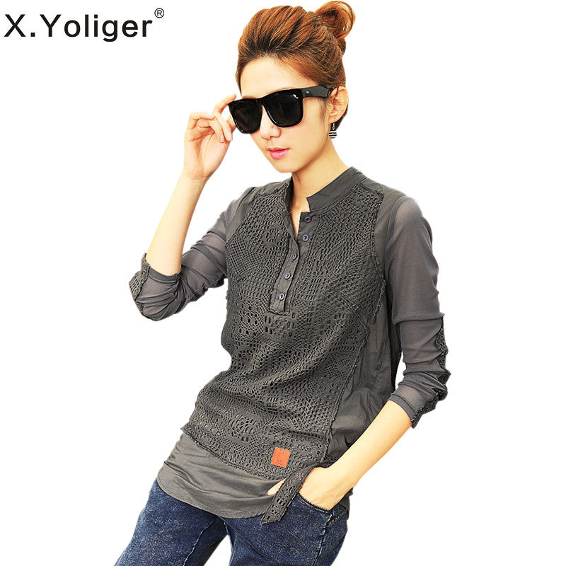 New spring autumn European and American Style Lace Hollow Fashion O-Neck Long Sleeve Patchwork Women