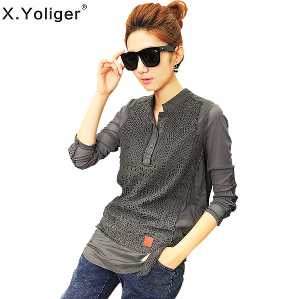New spring autumn European and American Style Lace Hollow Fashion O-Neck Long Sleeve Patchwork Women