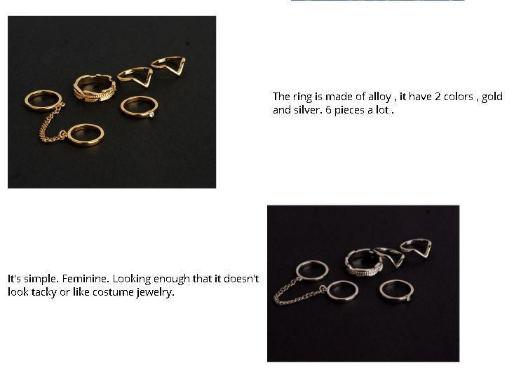 Shiny Punk style Crystal Gold plated Charm Leaf Ring Set for women