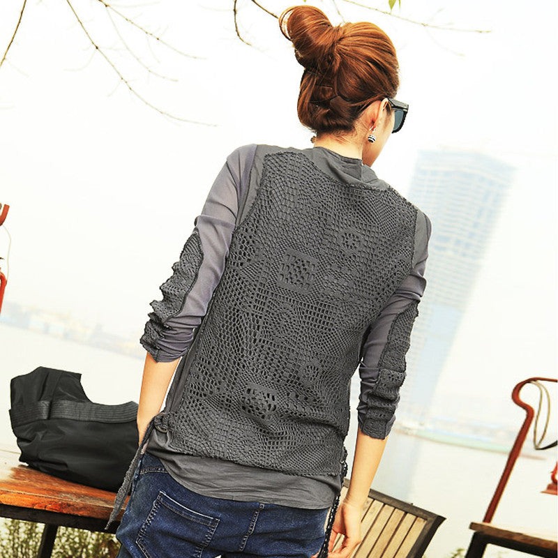 New spring autumn European and American Style Lace Hollow Fashion O-Neck Long Sleeve Patchwork Women