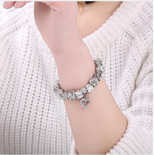 Fashion Silver Heart Charms Bracelet Bangle for Women DIY 925 Crystal Beads Fit Original Bracelets Women Pulseira Jewelry Gift