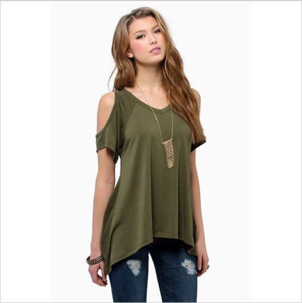 Summer Bare Shoulders Shirts Women Solid V Neck Cotton