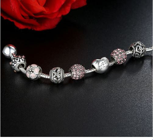 BAMOER Antique 925 Silver Charm Bangle & Bracelet with Love and Flower Crystal Ball for Women
