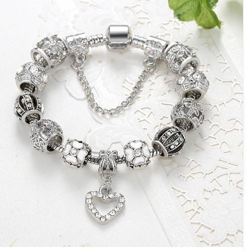 Fashion Silver Heart Charms Bracelet Bangle for Women DIY 925 Crystal Beads Fit Original Bracelets Women Pulseira Jewelry Gift