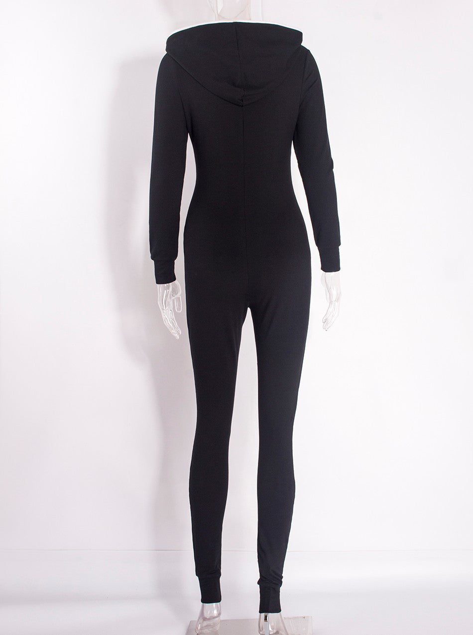 Casual Women One Piece Outfits Jumpsuits Long Sleeve Bodycon Front Zipper Hooded Long Pants Sexy Black/Red Rompers Playsuit