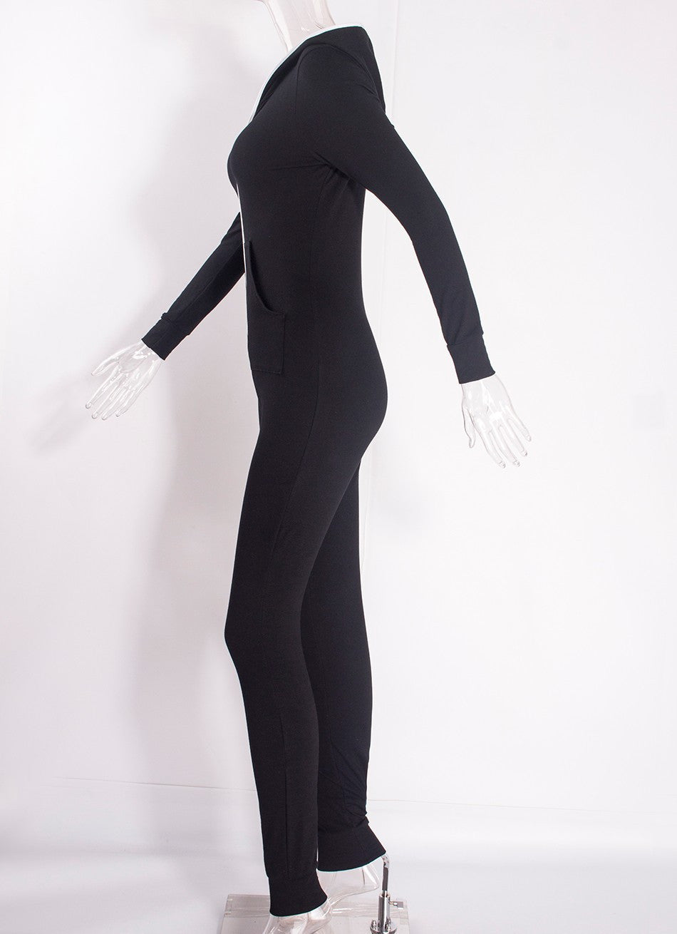 Casual Women One Piece Outfits Jumpsuits Long Sleeve Bodycon Front Zipper Hooded Long Pants Sexy Black/Red Rompers Playsuit