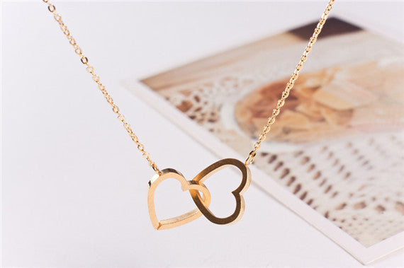 2016 Stainless Steel Chain Dainty Entwined Double Hearts Pendant Necklace Couples