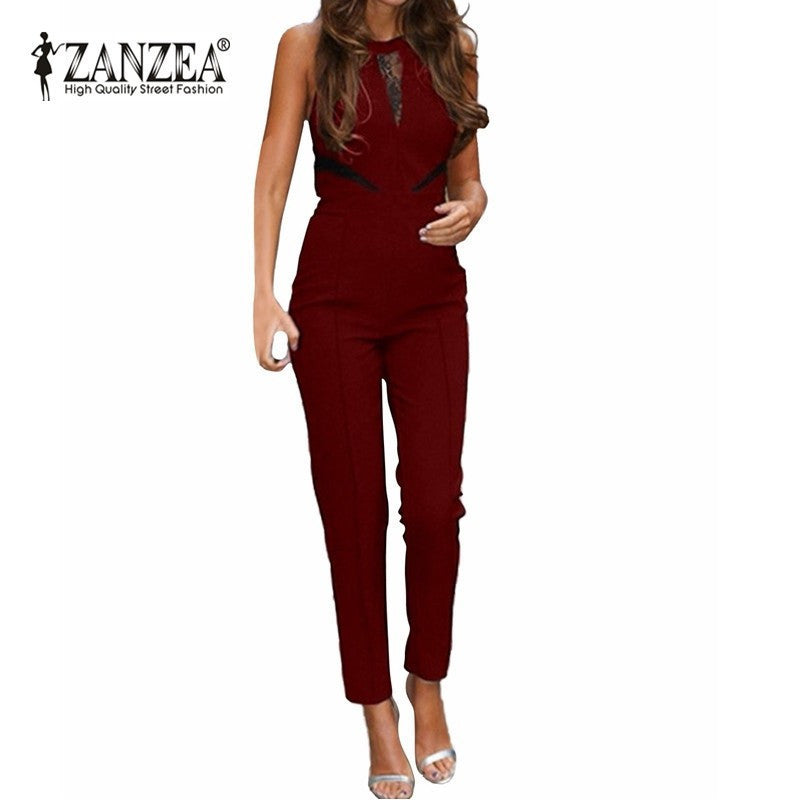 ZANZEA New Bodycon Jumpsuits 2016 Womens Sleeveless Lace Patchwork Rompers Playsuits Black Pants Plus Size XS-4XL Hot Sale