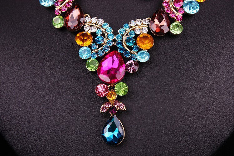 Fashion Sapphire Rhinestone Bridal Jewelry Set Wedding Prom Party Accessories Gold Plated Necklace Earring Set For Brides Women