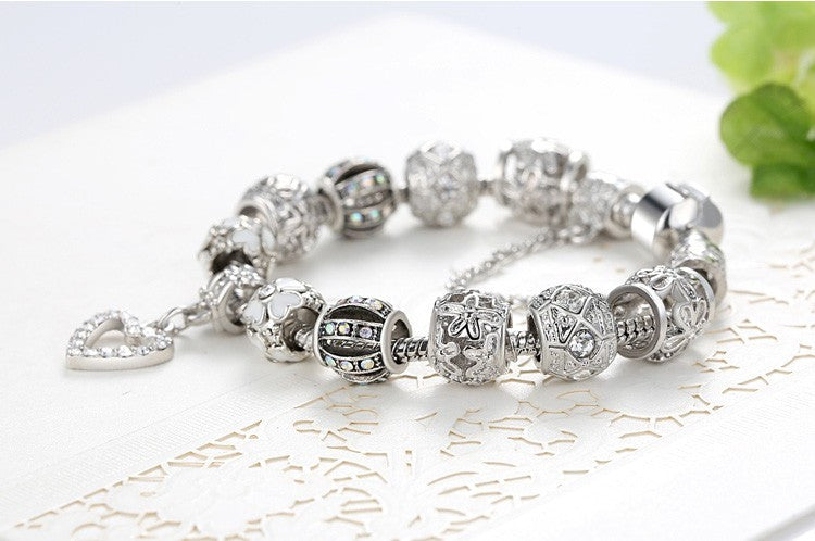 Fashion Silver Heart Charms Bracelet Bangle for Women DIY 925 Crystal Beads Fit Original Bracelets Women Pulseira Jewelry Gift