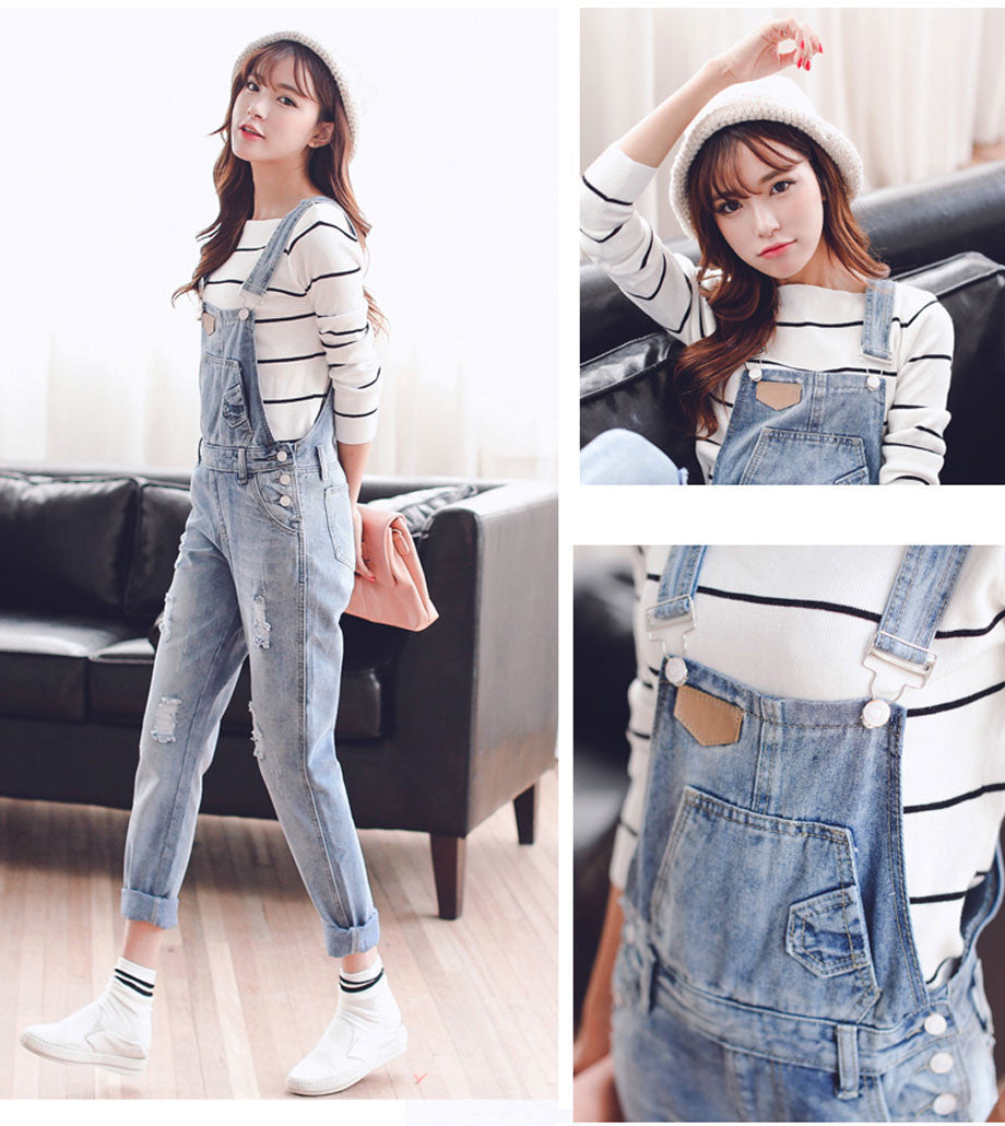 TC Womens Jumpsuit Denim Overalls 2016 Spring Autumn Casual Ripped Hole Loose Pants Ripped Pockets Jeans Coverall XL 2XL