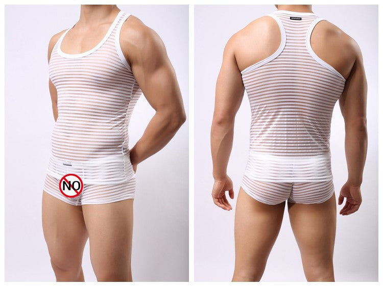Men Sexy Fun Breathable Striped Tank Tops Undershirts Transparent Mesh Vest JJSOX