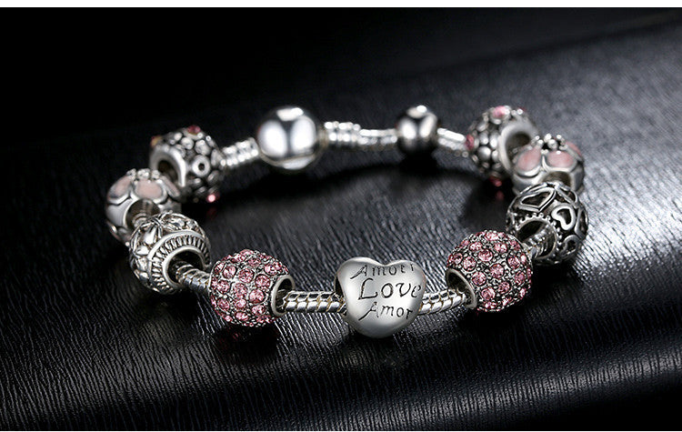 BAMOER Antique 925 Silver Charm Bangle & Bracelet with Love and Flower Crystal Ball for Women