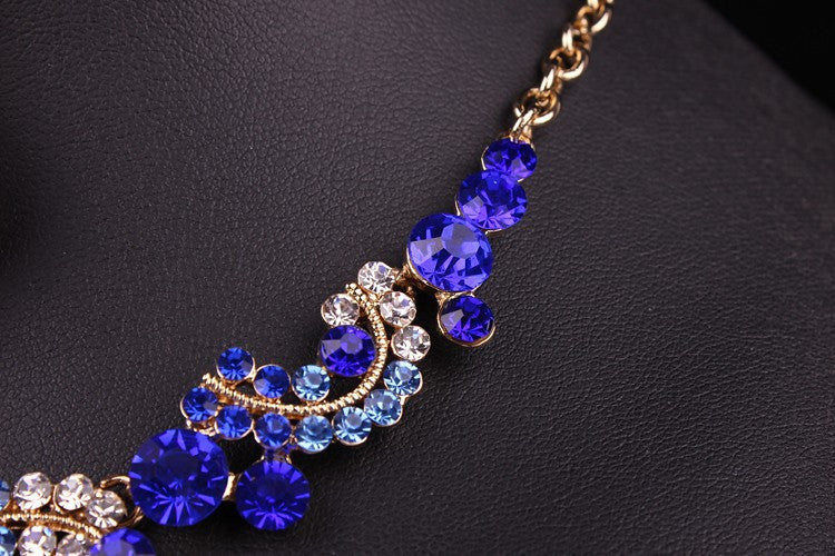 Fashion Sapphire Rhinestone Bridal Jewelry Set Wedding Prom Party Accessories Gold Plated Necklace Earring Set For Brides Women