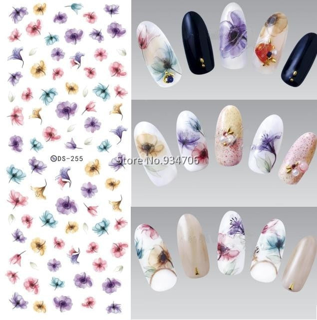 DIY Designer Water Transfer Nails Art Sticker Colorful Purple Fantacy Flowers Nail Wraps Foil Sticker manicure stickers