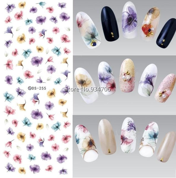 DIY Designer Water Transfer Nails Art Sticker Colorful Purple Fantacy Flowers Nail Wraps Foil Sticker manicure stickers